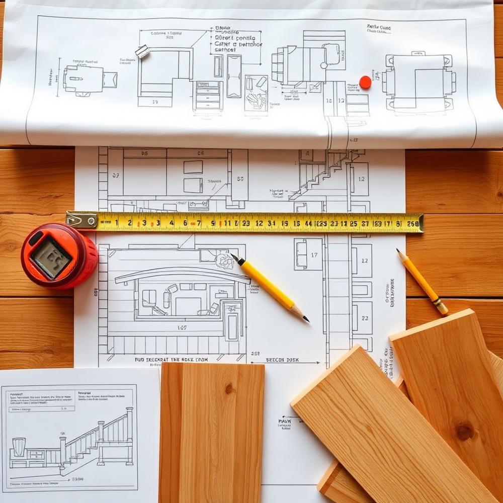 Deck blueprint with tape measure and cedar wood samples