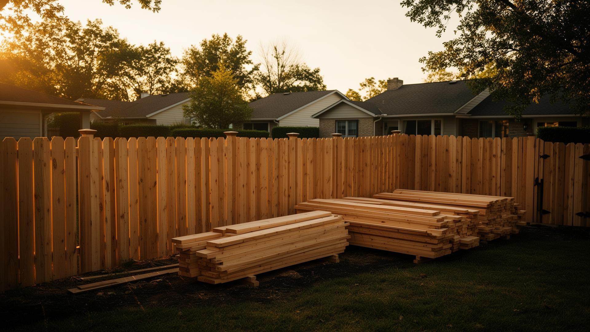 Backyard fence and deck project with stacked lumber at golden hour